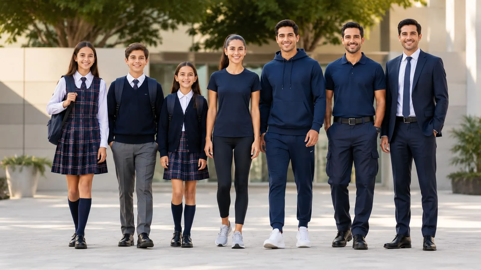 Tres estudiantes con uniforme escolar —jardinera a cuadros, saco azul y falda— y cuatro adultos con ropa de trabajo azul oscuro: camiseta deportiva, sudadera, polo con pantalón de trabajo y traje con corbata